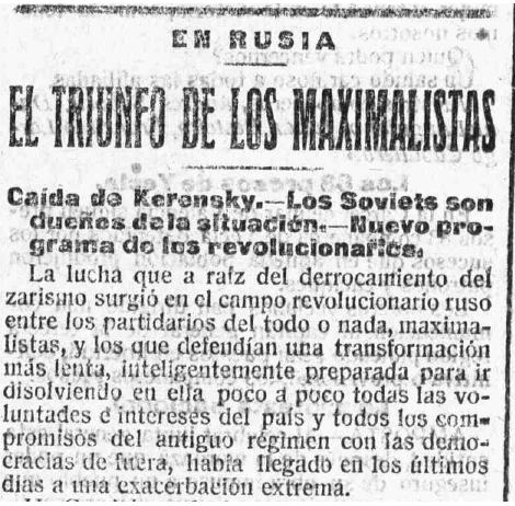 La noticia de la Revolución de Octubre en «El Socialista», órgano oficial del Partido Socialista Obrero Español, en noviembre de 1917.
