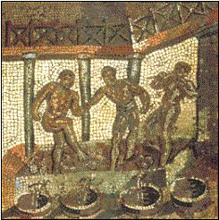 Trabajo agrícola esclavo: el pisado de la uva. Mosaico romano.