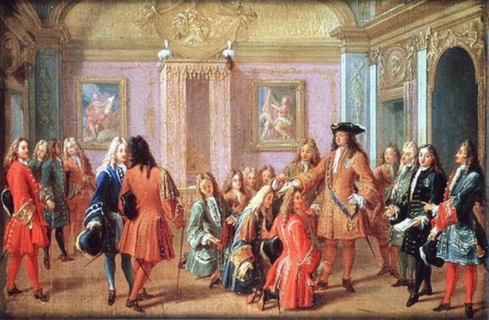 Luis XIV. Ceremonia del «despertar» del rey. El desarrollo y la concentración de poderes en el rey y su aparato sirvieron para contener el conflicto entre burguesía y nobleza dentro del marco de las viejas relaciones jurídicas estamentales.