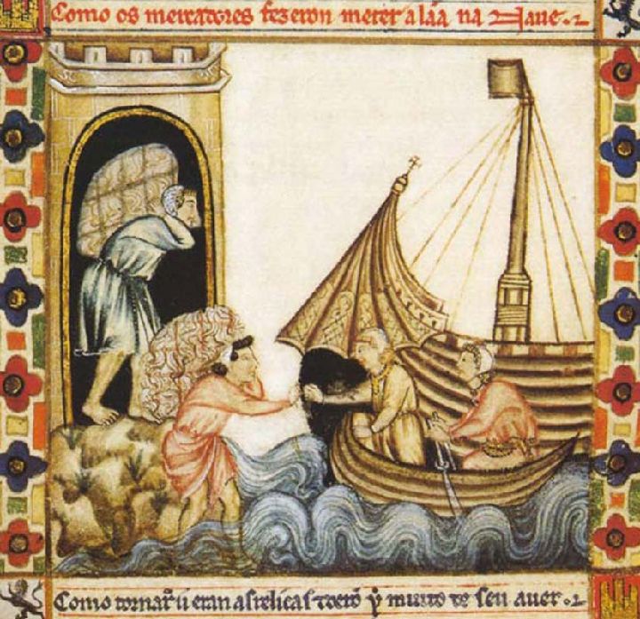 Mercaderes y un barco en las Cantigas de Santa María (siglo XIII). A partir del siglo XI el comercio y la burguesía de las ciudades crecen en el seno de la Europa feudal.